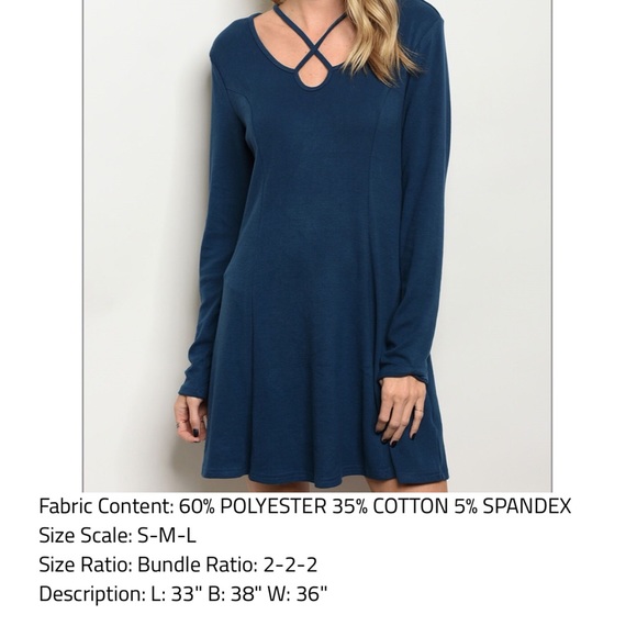 New Teal Blue Long Sleeve Midi Dress Relaxed Fit - Picture 3 of 4